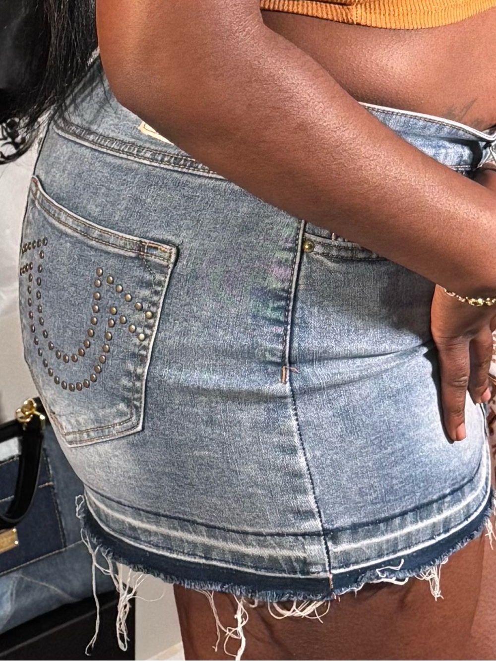 True Religion Light Blue Distressed Denim Mini Skirt